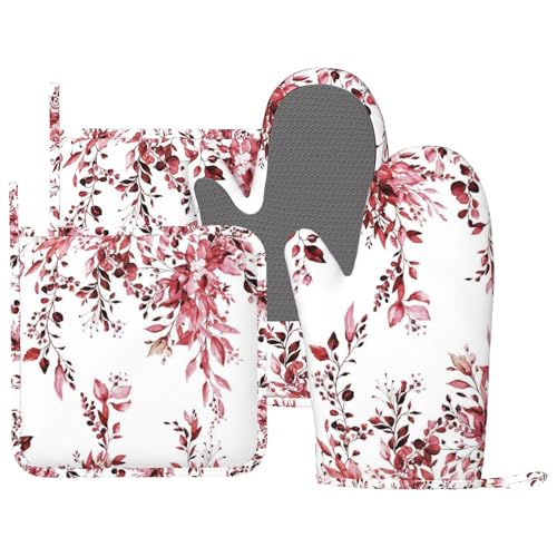 Burgundy Red Eucalyptus Oven Mitts and Pot Holders Set, 4pcs Silicone Watercolor Plant Leaves with Floral Oven Glove for Kitchen Heat Resistant Oven Mitts and Potholders Non-Slip for Cooking - color: Red