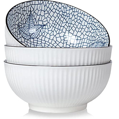 Houlu 60 oz Pho Bowls, Large Soup Bowl, Japanese Ramen Bowl Set, 8 inches Big Porcelain Bowls Set of 3, Striped Pattern - color: Leaf Pattern