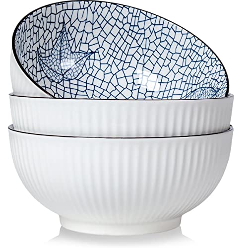 Houlu 60 oz Pho Bowls, Large Soup Bowl, Japanese Ramen Bowl Set, 8 inches Big Porcelain Bowls Set of 3, Striped Pattern - color: Leaf Pattern