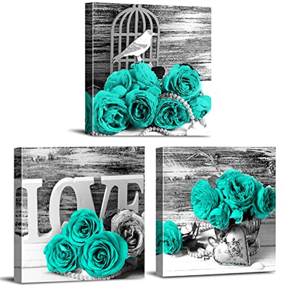 Teal Bathroom Wall Decor Turquoise Teal and Grey Rose Wall Art for Bedroom Living Room Accessories Love Sign Aqua Green Flower Pictures Floral Poster Canvas Artwork Kitchen Home Decoration 12x12" 3 | Love Sign Aqua Green Flower Pictures Canvas Prints Vint