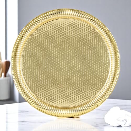 Alisveristime Round Hammered Metal Serving Tray – Ottoman Style, (11.8" Diameter, 12.6 oz) 5 Color Options (Gold) - color: Gold