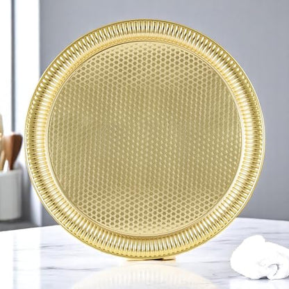 Alisveristime Round Hammered Metal Serving Tray – Ottoman Style, (11.8" Diameter, 12.6 oz) 5 Color Options (Gold) - color: Gold
