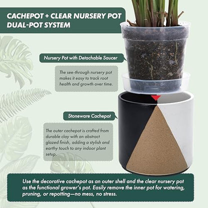 D'vine Dev 2-Pack Cachepot with Clear Pot, 6.5 in, Midnight Mesa, 93-V-C-2 | Dual-Pot System, Root Visibility, Bottom Watering Support, Enhanced Drainage, Artistic Stoneware Design, Easy Plant Care - color: Midnight Mesa, size: 6.5” Cachepot + 6“ Clear Gr