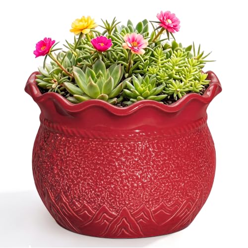 Ceramic Flower Pots 8 Inch, Indoor Planter Pot with Drainage, Red | Round Unique Pots for Indoor Plants, Decorative Plant Pot, Shelf Garden Decor, Gifts for Plant Lovers - color: Red, size: 8 Inch