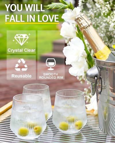 40 Pack Plastic Wine Glasses, 12 Oz Disposable Cocktail Whiskey Glasses | Ribbed Stemless Champagne Margarita Glasses, Clear Unbreakable Reusable Plastic Cups for Party Wedding Birthday - color: Ripple-40 Pack