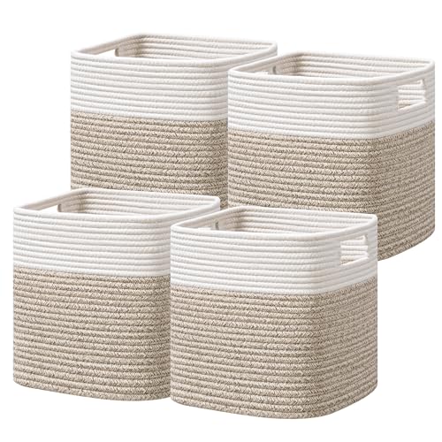 UBBCARE Set of 4 Storage Cubes-11 X 10.5 X 10.5 In, Cotton Rope Basket for Shelves, Toys, Book, Cube Storage Bin with Handles, Woven Storage Basket for Organizing, White/Brown - color: White/Brown, size: 4Pack-11 X 10.5 X 10.5 Inch