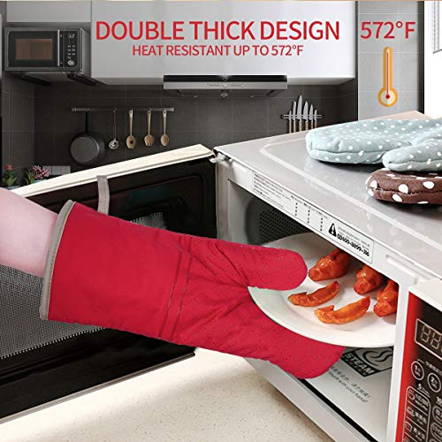 4Pcs Oven Mitts and Pot Holders Set, 572F Heat Resistant Oven Glove, Soft Cotton Lining with Non-Slip Surface for Kitchen Baking BBQ (Red) - color: Red