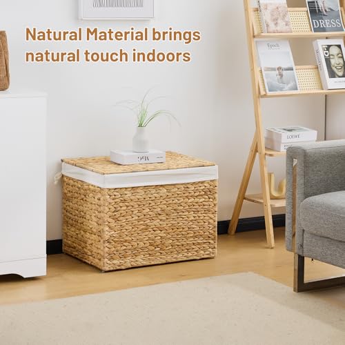 Water Hyacinth Storage Basket with Lid, 31.7 Gallon (120L) Wicker Shelf Basket with Removable Liner, Wicker Storage Basket for Blanket, for Livingroom, Bedroom, Natural - size: 23.62"L x 17.72"W x 17.72"H