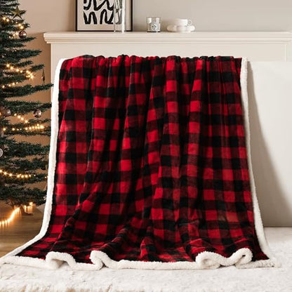 BEAUTEX Christmas Sherpa Fleece Throw Blanket Soft Warm Buffalo Plaid | Plush Blanket & Throw, Winter Cozy Fuzzy for Couch, Sofa, Bed (Red, 50" x 60") - color: Plaid Red, size: Throw-50"x60"