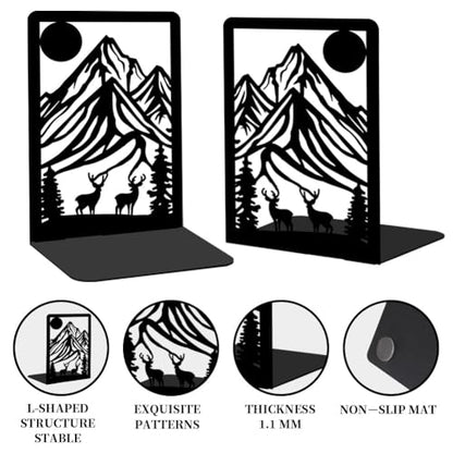 Metal Bookends for Shelves, Mountain and Deer Decorative Book Ends for Heavy Books, Book Stopper Decorative Books, Bookends to Hold Literature for Home Office School Bookshelf Decor - style: Mountain