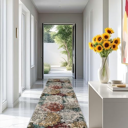 3x12 Runner Rug Long Hallway: Red Abstract Durability Non-Slip Mandala | Machine Washable Traffic Resistance No shed Low Pile Carpet Kitchen Bedroom Entryway Mudroom Vacuumable Stain-resistant - color: Red/Green/Multi, size: 3' x 12' (Rectangular)