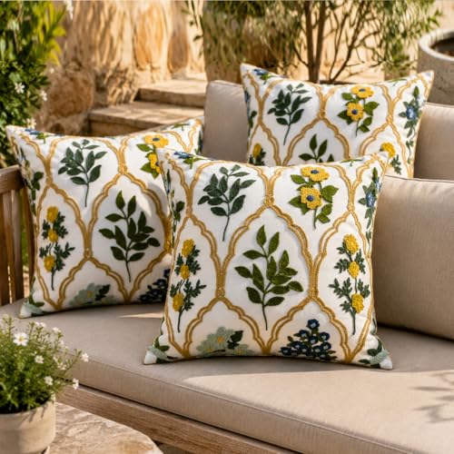 YIcabinet Pillow Covers Set of 2, Embroidered Leaf Flower Pattern Throw Pillow Cover,Square Cotton Cushion,Pillow Case for Sofa Bedroom Couch,18"x18" - color: Green05