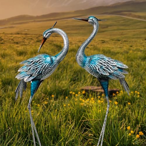 37-40Inch Outdoor Crane Garden Statues, Blue Heron Garden Statues | Large Metal Cranes for Yard, Lawn, Patio, Pond, Set of 2 - color: Blue