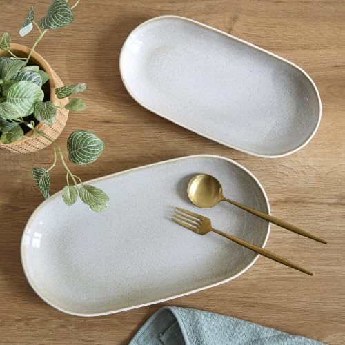 SANGO Anderson Serving Platters Set of 2, 14/12 Inch Stoneware Serving Dishes for Entertaining, Glossy Party Serving Trays for Food, Buffet Oval Platters for Bread, Appetizer, Cheese, Reactive Cream - color: Cream