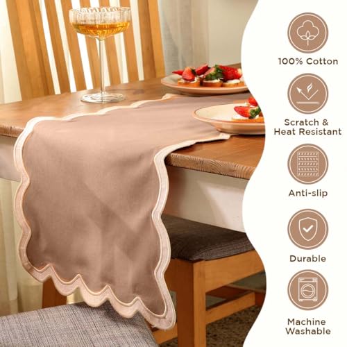 Folkulture Fall Table Runner 90 Inches Long | Brown Scalloped | Table Runner for Dining Table Decor, 100% Cotton, Machine Washable, Party, Farmhouse Decor, Thanksgiving Decorations - size: 14" x 72", style: Sand Dune
