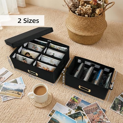 Collapsible Photo Storage Box, Adjustable Dividers - Black, 35cm | Holds 1700 Photos, Hook & Loop Dividers, Handle, Label Stickers - color: Black, size: 13.78"x11"x 5.12"