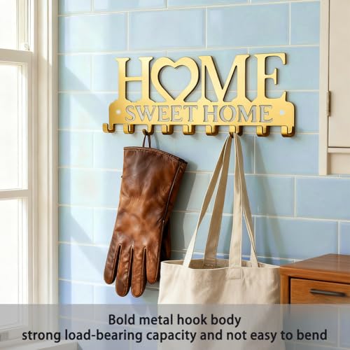 Key Holder for Wall, Decorative Key Holder with 10 Hooks, Hooks Organizer Hanger, Sweet Home Wall Decor for Entryway, Door, Bathroom, Kitchen(Gold)