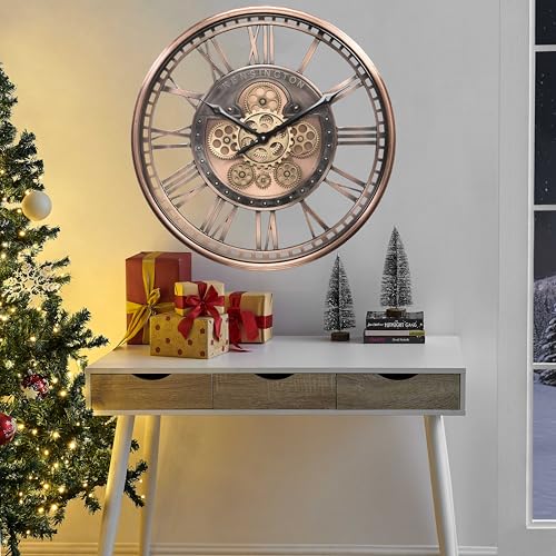 21" Metal Roman Numeral Wall Clock with Moving Gears,Copper | SIilent Non Ticking, Aluminum Dial, Unique Modern Wall Clock for Living Room, Dinning Room, Entryway & Home Office - color: Roman Copper, size: 21"