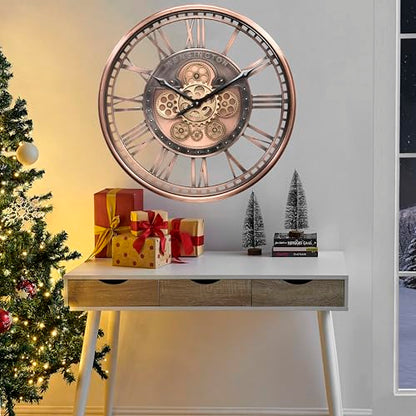 21" Metal Roman Numeral Wall Clock with Moving Gears,Copper | SIilent Non Ticking, Aluminum Dial, Unique Modern Wall Clock for Living Room, Dinning Room, Entryway & Home Office - color: Roman Copper, size: 21"
