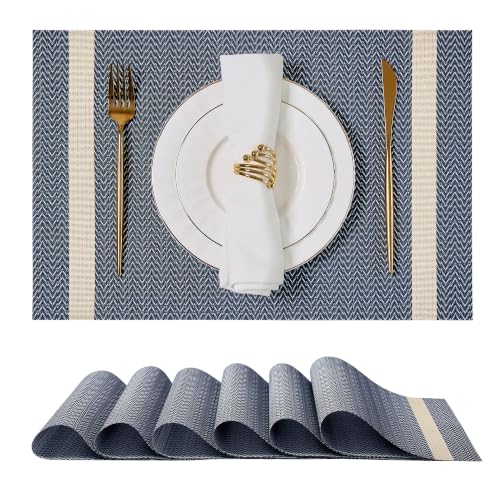 Leetaltree Woven Vinyl Placemats Set of 6,Blue Striped | High Density，Stain Resistant, Easy to Clean, Washable Table Mats for Indoor Dining and Outdoor Patio - color: Z1- Blue Striped, size: Set of 6