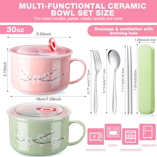 2 Pcs 30 Oz Ceramic Bowl with Lid Handle Noodle Cup,Pink, Green | Microwave Soup Bowls for Instant Meals, Cherry Blossom Design, 2 Stainless Utensils Sets with Case for Office Dorm Lunch - color: Pink, Green