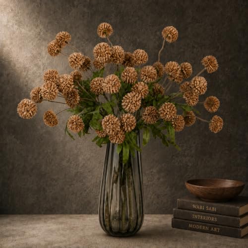 Artificial Chrysanthemums with Vase, 10 Silk Stems for Fall Table Decor | Lifelike autumn blooms add warm, easy-care style to dining tables, mantels, entryways, dressers, and shelves. - color: Darke Coffee