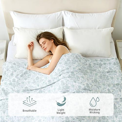 Viviland Cotton Muslin Blanket Reversible Fleece Blanket Lightweight Breathable Gauze Queen Size 90 x 90 Inches, Green Narcissus - color: Green Narcissus, size: Queen Size (90 X 90 Inches)