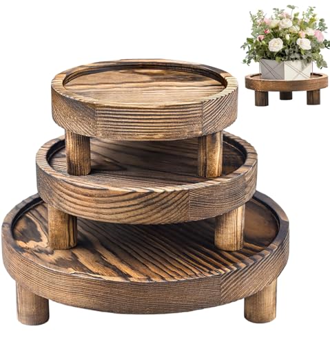 3 Pcs Wooden Risers for Display, Round Wood Riser Plant Stand 5/6/8" Pedestal Stand, Flower Pot Holder Small Planter Tray for Kitchen Home Décor (Brown) - color: Brown