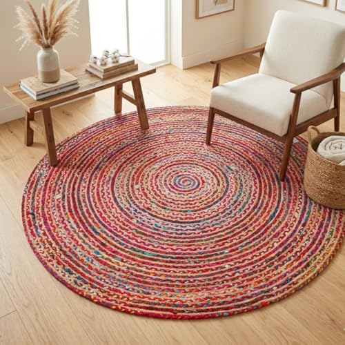 WeWove Hand Woven Area Rug 4 Feet Round - Jute Cotton Area Rug Rustic Farmhouse Boho Accent Rug for Living Room Bedroom Kitchen Dorm Entryway Hallway - Handcrafted Floor Rug - size: 4' (Round)
