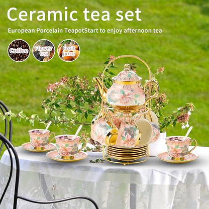 20 Pieces Porcelain Tea Set With Metal Holder, European Ceramic tea set for adults,Flower Tea Set,Tea Set For Women With Flower Painting (Large version, Pink) - color: Pink