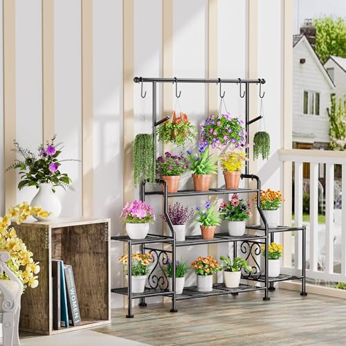GIOTORENT 3-Tier Tall Metal Plant Stand Indoor Outdoor - Heavy Duty Plant Shelf for Garden, Patio, Balcony with 5 Hanging Hooks, Holds 16-25 Plants, Black - size: D-3Tier-Longer