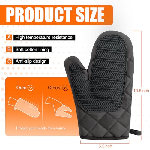 Silicone Oven Mitts, Heat Resistant 2PCS Oven Mitts with Soft Cotton Lining, Waterproof Non-Slip Grip Oven Glove, Kitchen Potholder Mits for BBQ, Baking, Cooking, 10.5Inch - Dark Black - color: Dark Black