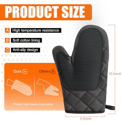 Silicone Oven Mitts, Heat Resistant 2PCS Oven Mitts with Soft Cotton Lining, Waterproof Non-Slip Grip Oven Glove, Kitchen Potholder Mits for BBQ, Baking, Cooking, 10.5Inch - Dark Black - color: Dark Black