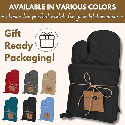 Native Fab Pot Holders and Oven Mitts Sets for Kitchen Heat Resistant - Hanging Non-Slip - 100% Cotton Kitchen Oven Mitts and Pot Holders 4-Piece Set - Black - color: Black