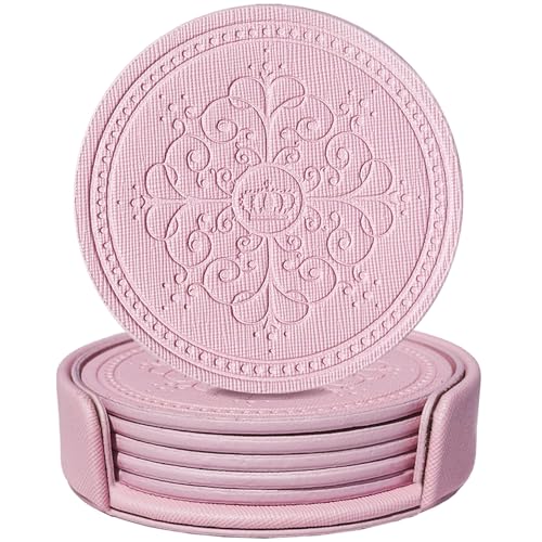 Coasters Set of 6 - PU Leather Coasters for Drinks with Holder - Pink - color: Pink