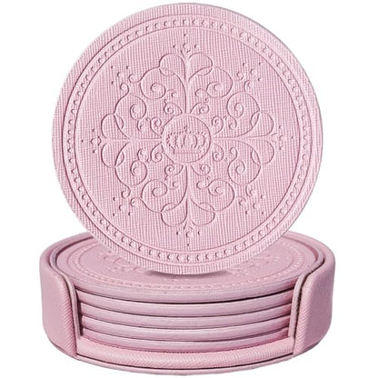 Coasters Set of 6 - PU Leather Coasters for Drinks with Holder - Pink - color: Pink