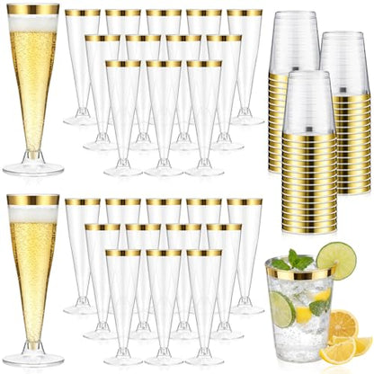 Gold Rim Party Cups Set, 48 Pack Disposable Plastic Drink Cups with Champagne Flutes, 24 Pcs 10oz Tumblers & 24 Pcs 4.5oz Toast Glasses, Cocktail Wedding ReceptionParty Supplies - color: Gold Rim