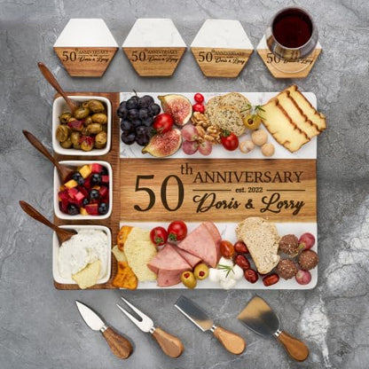 AWESOMETIK - Personalized 50th ANNIVERSARY - Acacia Wood & Marble Charcuterie Board – Custom Engraved Cheese Board with Knife Set – Perfect Wedding & Housewarming Gift