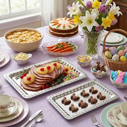 4-Pack Small Silver Serving Trays Set - ZENOVLUX Swirl Floral Engraved Mirror Decorative Tray, 11.4" x 7" Wedding Party Platters for BBQ, Food, Appetizer, Charcuterie, Cookies, Desserts - size: 11.4" x 7"