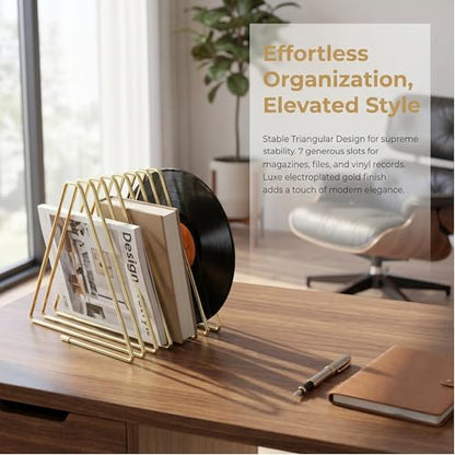 Gold Expandable Bookends, 7-Section, 2"-15.7" | 7 Slot Adjustable Book Rack, Telescoping Desktop Organizer, Metal Magazine Vinyl Record Stand, For Office Home Decor - size: 7-Section
