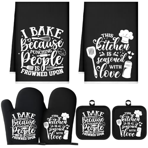 Sratte 6 Pcs Kitchen Decor Accessories Set Farmhouse Towels Pot Holders Oven Mitts Set 2 Dish Towels 2 Potholders 2 Cooking Mittens Oven Glove for Christmas Baking Cooking Supply(Black,Baking) - color: Black, style: Baking