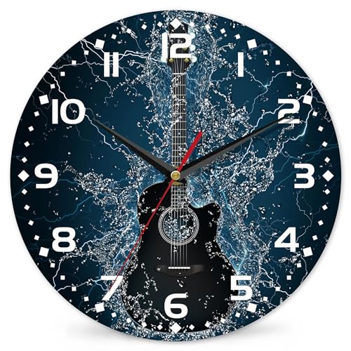 Electric Guitar Wall Clock - 10 Inch Wooden Art Hanging Clock, Silent Non-Ticking, Battery Operated, Round Home Arabic Numeral Decorative - color: Electric Guitar