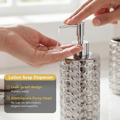 Silver Bathroom Accessories Set, 4 Piece Ceramic Honeycomb Design, Soap Dispenser Pump, Tumbler, Toothbrush Holder, Soap Dish - color: Silver