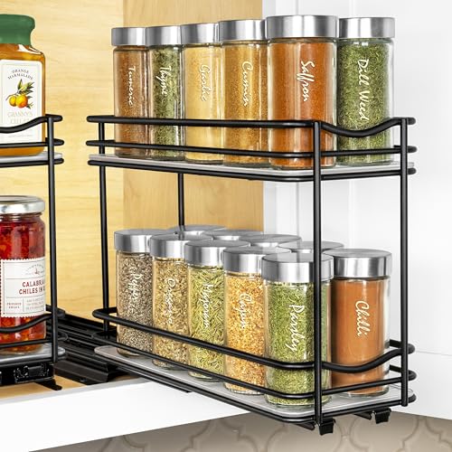 LYNK PROFESSIONAL® Pull Out Spice Organization for Cabinets - 4-3/8 inch Wide – Spice Rack for Inside Cabinets, Slide Out Spice Rack Organizer for cabinet – Pull Out Spice Rack, Sliding 2 Tier Black - color: Black, size: 4-1/4" - 2 Tier
