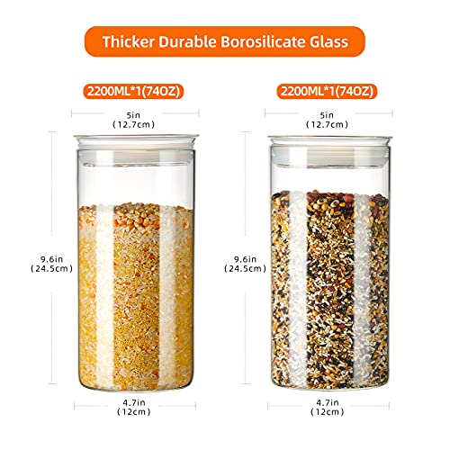 ZENS 74oz Glass Canisters with Airtight Lid, 2 Large Storage Containers | Thick Borosilicate Glass Jars with Airtight Lid, Wide Mouth Food Storage Jars for Kithen Pantry Baking Flour, Rice - size: 9.2-74oz 2Pack