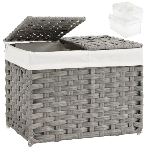 SETVSON Storage Basket with Lid, 9.2 Gal PE Rattan Trunk, Gray | Decorative PE Rattan Furniture Look for Bedroom, 2 Separate Lids, 2 Liners with Divider for Apparel & Essentials - color: Gray, size: 35L-15.7L*11.8W*11.8H
