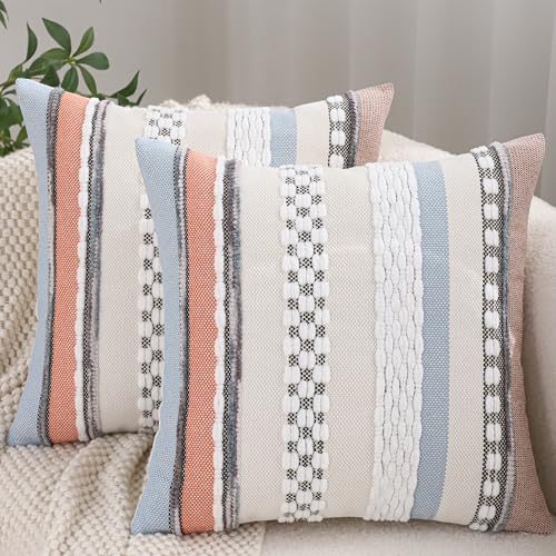 Boho Throw Pillow Covers 18x18 Set of 2 Orange Blue | Durable Fabric,Stripe Pillow Covers,Farmhouse Cushion Case,Chenille Pillow Cases,Neutral Pillowcase for Sofa Couch Bed - color: Orange-blue Stripe, size: 18" x 18" (Pack of 2)