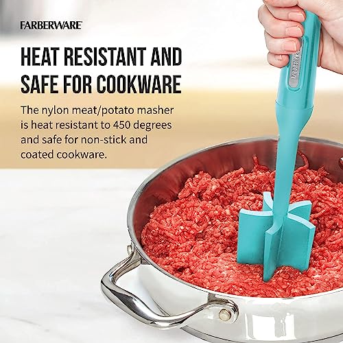 Farberware Heat Resistant Nylon Meat and Potato Masher, Safe for Non-Stick Cookware, Aqua Sky - color: Aqua