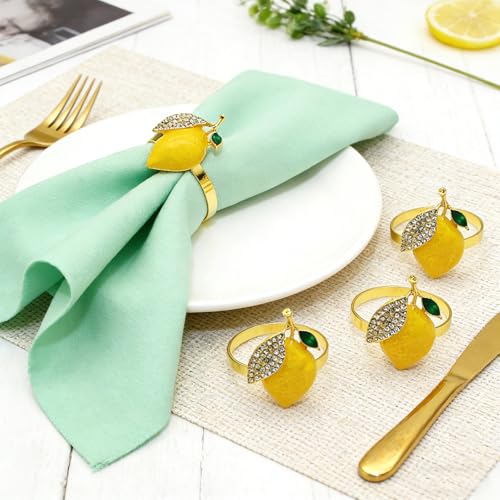 Tropical Lemon Napkin Rings Set of 6 Sparkly Rhinestone Fruit Napkin Holders for Summer Beach Wedding Pool Party Fall Garden Holiday Gatherings Rustic Farmhouse Daily Table Decor - style: Lemon