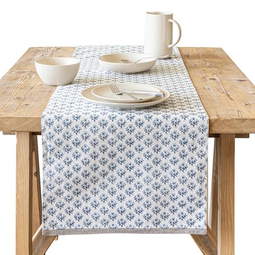 Over&Back 18x90 Hand-Blocked Printed Cotton Table Runner - Washable Table Runners for a Custom Home Decor Tablescape - Perfect for Coffee Table, Dinner Table, Living Room, and More - Blue Bloom - color: Blue Bloom, size: Runner | 18x90